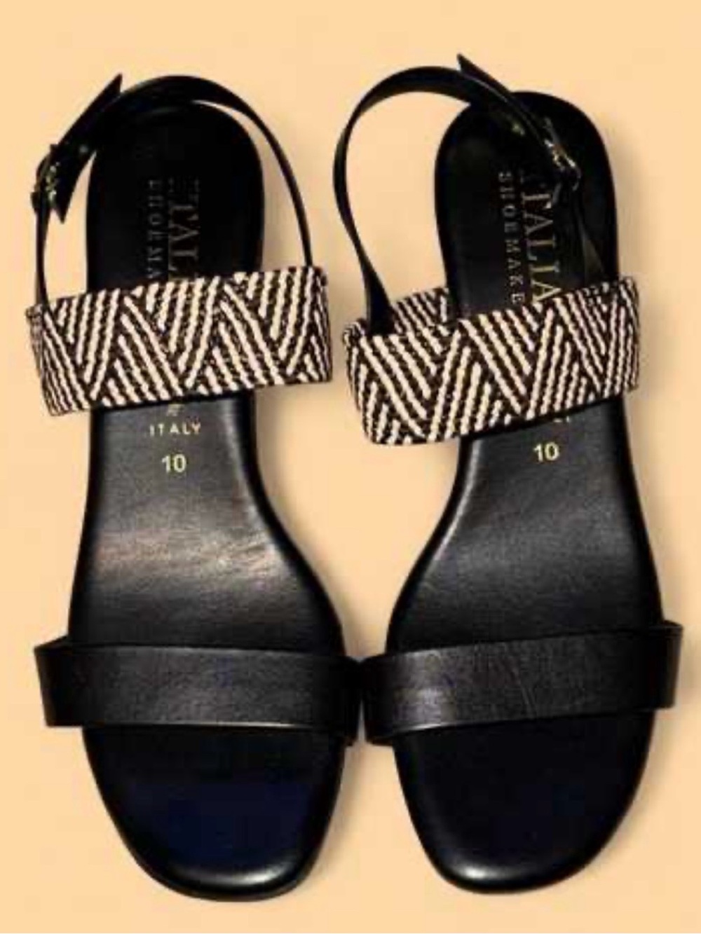 Italian Shoemakers Black 2 inch chunky heels with Woven Ivory-Black Strap